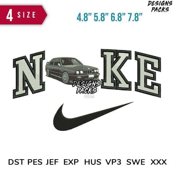 Embroidery design featuring Nike logo and car, available in 4 sizes and multiple formats like PES, DST, SVG