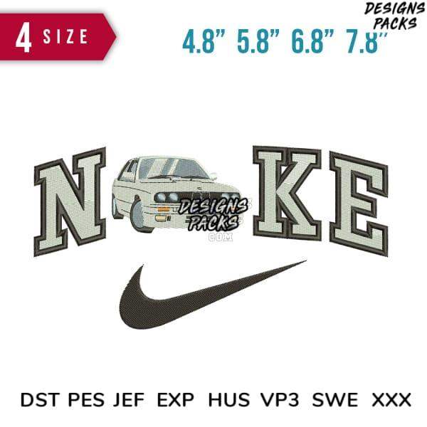Embroidery design featuring 'NIKE' text with car graphic, available in multiple sizes and file formats for instant download.