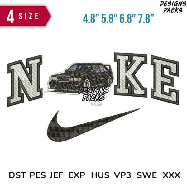 Embroidery design featuring Nike logo with car, available in 4 sizes and multiple file formats for instant download