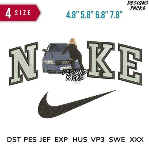 Embroidery design featuring 'NIKE' text, car, and swoosh logo in multiple sizes and formats