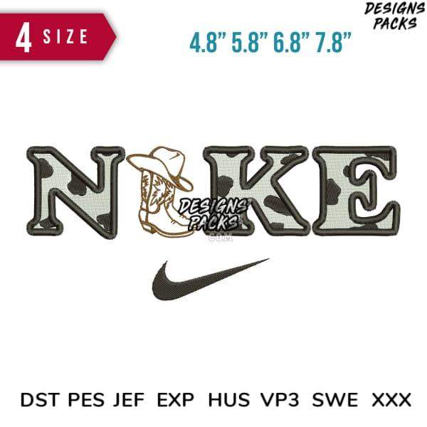 Embroidery design with cow print 'NIKE' text, cowboy hat, and swoosh logo in multiple sizes