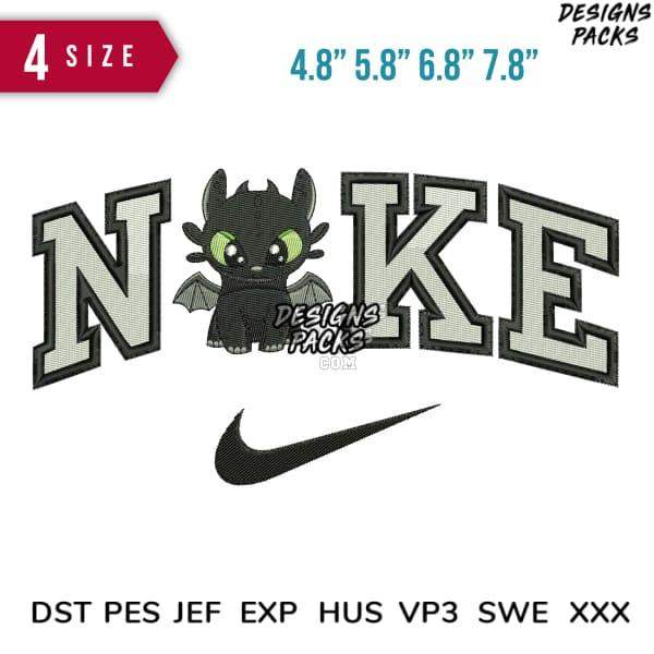 Cute dragon embroidery design with 'NIKE' lettering and swoosh, available in multiple sizes and formats