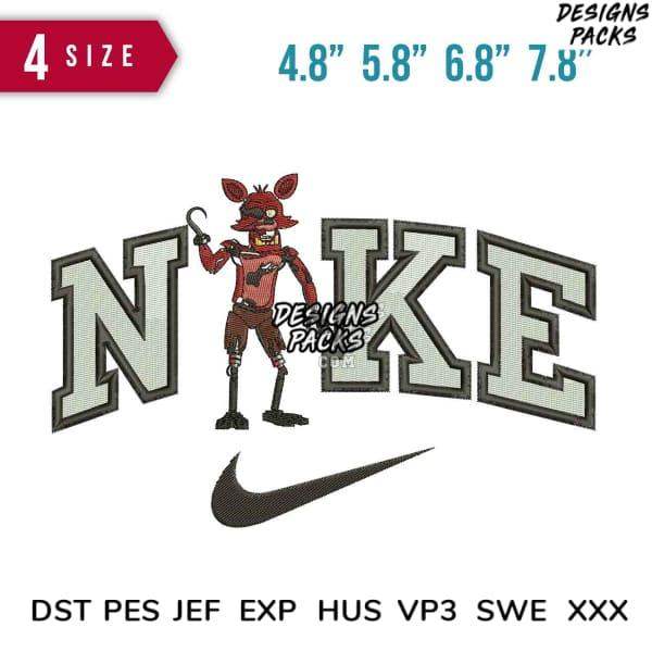 Embroidery design featuring cartoon fox with Nike-style lettering, available in multiple sizes and formats