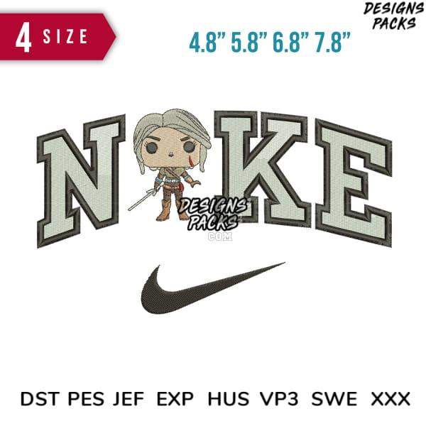 Embroidery design featuring 'NIKE' text with cartoon character, available in 4 sizes and multiple formats