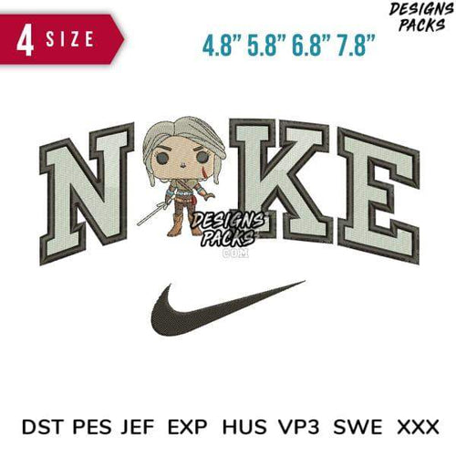 Embroidery design featuring 'NIKE' text with cartoon character, available in 4 sizes and multiple formats