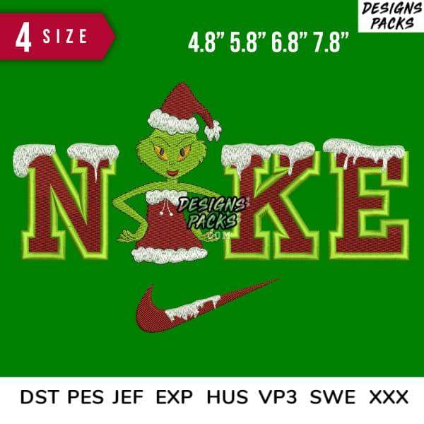 Grinch in Santa hat on embroidered 'NOKE' design with snow, 4 sizes, PES DST formats