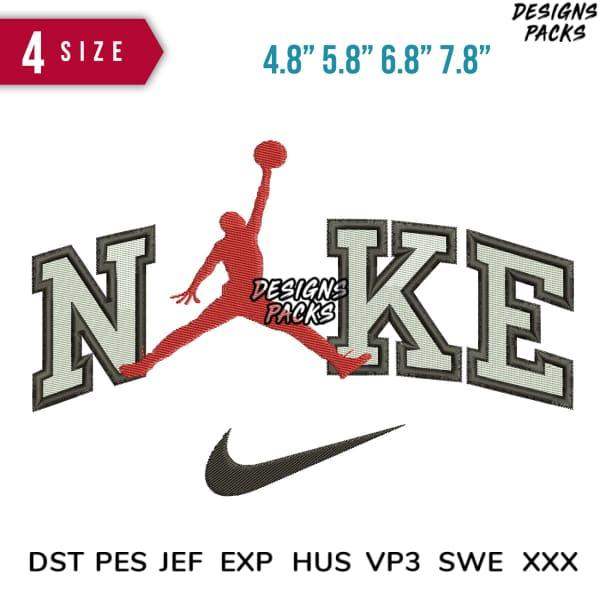 Embroidery design featuring red Jumpman silhouette over 'NAKE' text with Nike swoosh, available in multiple sizes and formats