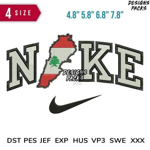 Lebanon map with Nike logo embroidery design in 4 sizes, DST PES JEF formats for instant download