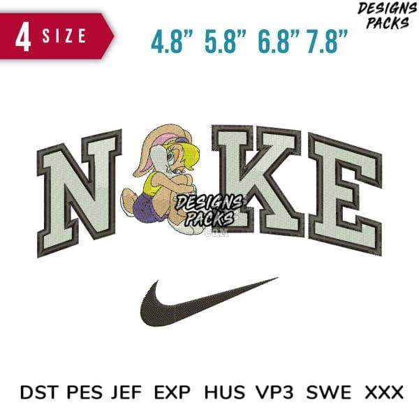 Embroidery design with cartoon character and 'NOKE' text in 4 sizes, compatible with DST PES JEF formats