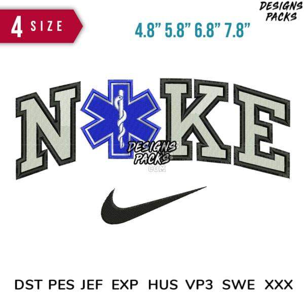 Embroidery design featuring Nike logo with medical star, available in multiple sizes and formats