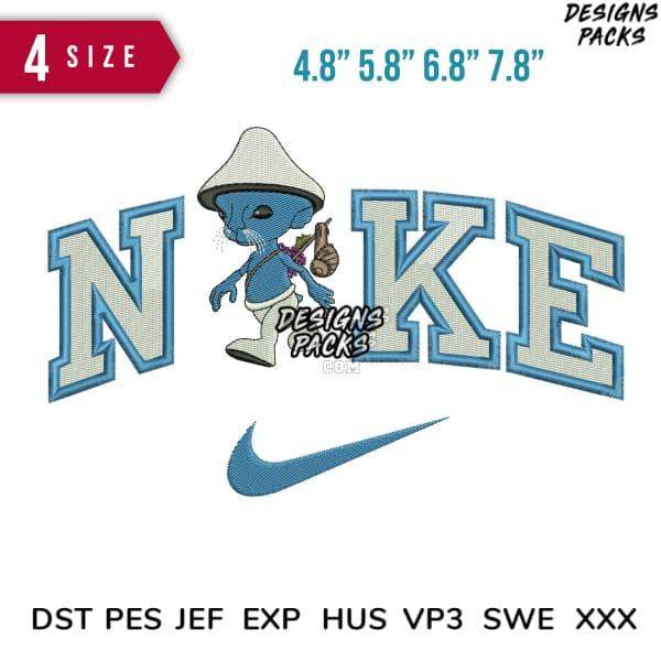 Embroidery design featuring cartoon character with 'NIKE' lettering and swoosh, available in 4 sizes and multiple formats
