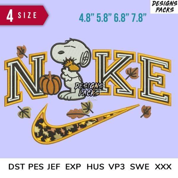 Snoopy with pumpkin and autumn leaves in embroidered NOKE design, 4 sizes, DST PES formats