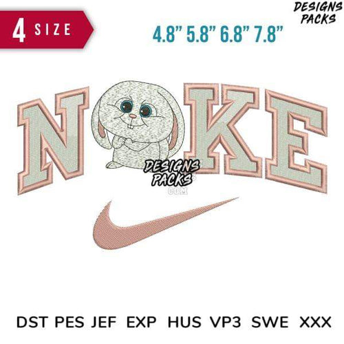 Cute bunny embroidery design with NOKE text and swoosh, 4 sizes, DST PES JEF formats