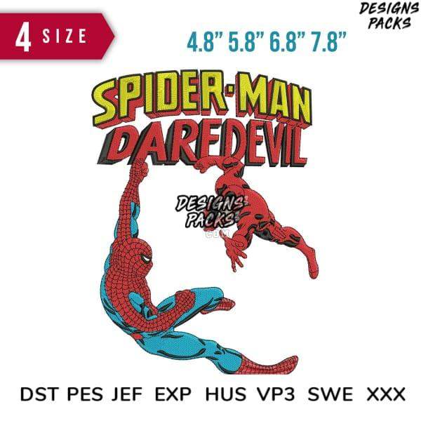Spider-Man and Daredevil embroidery design in multiple sizes, compatible with DST, PES, JEF formats