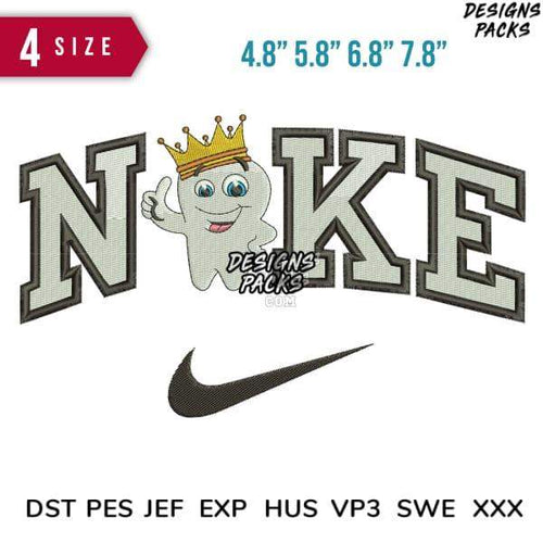 Embroidery design with crowned ghost giving thumbs up beside 'NOKE' text and swoosh, 4 sizes, PES DST formats