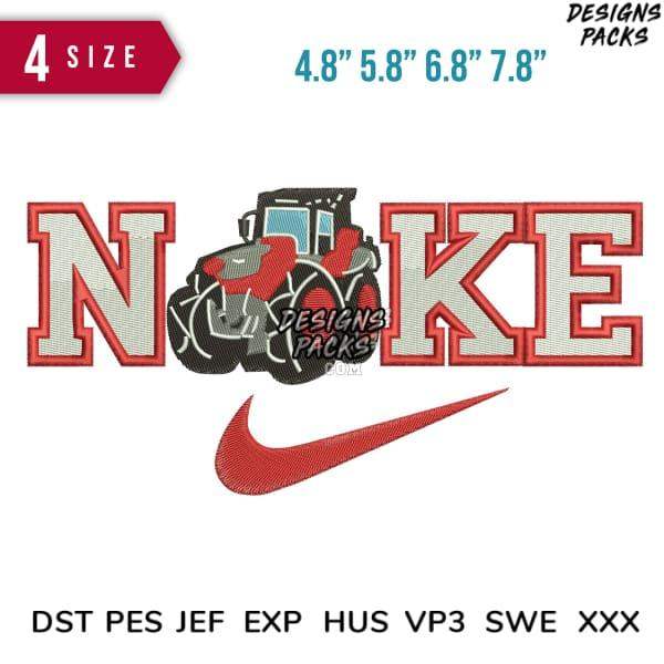Embroidery design featuring tractor in 'NOKE' text with Nike swoosh, available in multiple sizes and formats