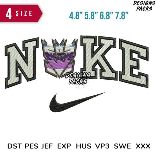 Embroidery design featuring 'NOKE' with Transformers-style shield, Nike swoosh, available in 4 sizes & multiple formats