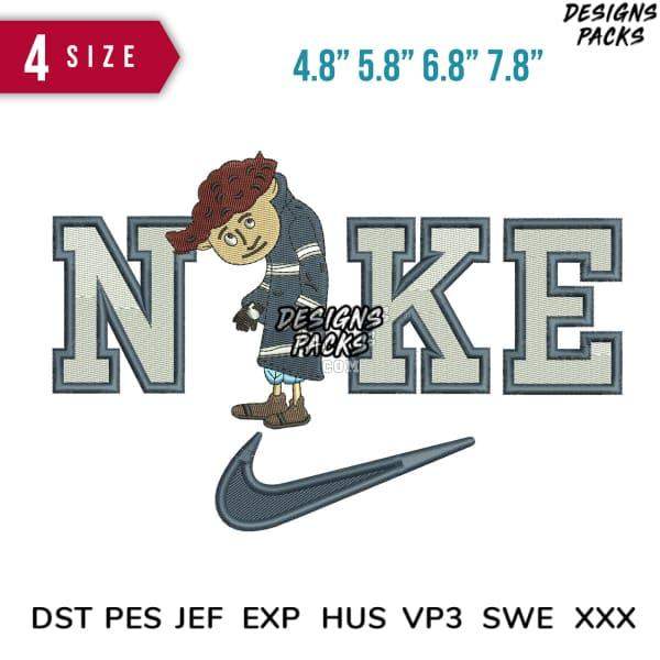 Embroidery design featuring cartoon character with Nike logo, available in multiple sizes and formats