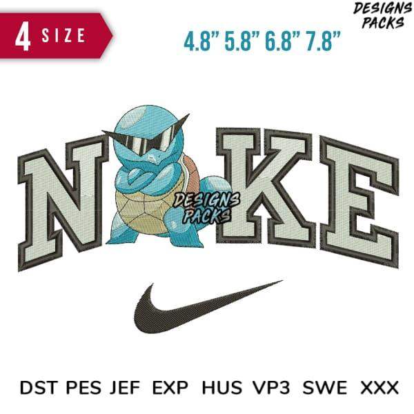 Embroidery design featuring 'NAKE' text with a turtle character, available in multiple sizes and formats.