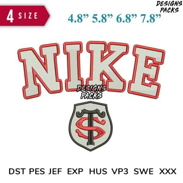 Embroidery design pack with Nike-style text and shield logo, available in multiple sizes and formats.