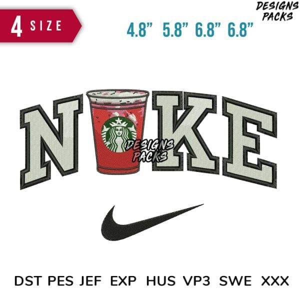Embroidery design with Nike logo and Starbucks cup, 4 sizes, PES DST formats for instant download
