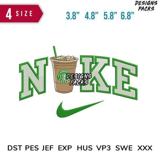 Nike-style coffee cup embroidery design in green, 4 sizes, DST PES formats, print-ready for apparel