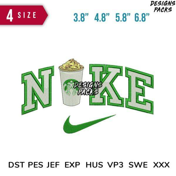 Green Nike-style embroidery design with Starbucks cup, 4 sizes, PES DST formats for instant download