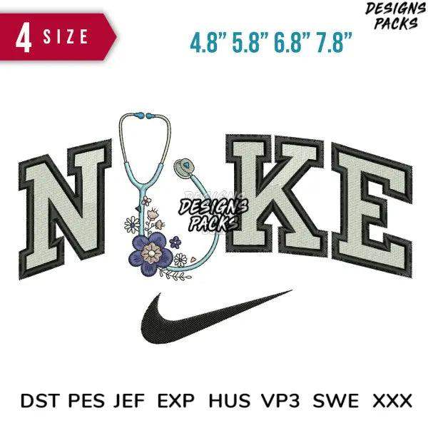 Nurse-themed embroidery design with stethoscope, flowers, and Nike swoosh in 4 sizes, PES/DST formats