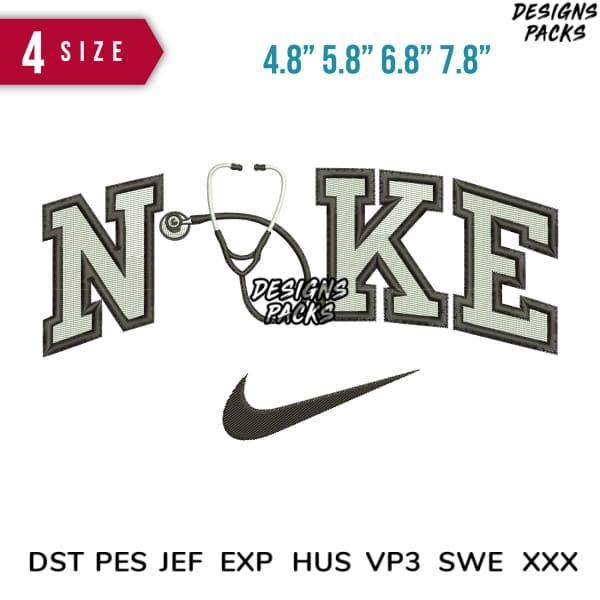 Nurse-themed embroidery design with stethoscope and Nike swoosh, available in 4 sizes and multiple file formats.