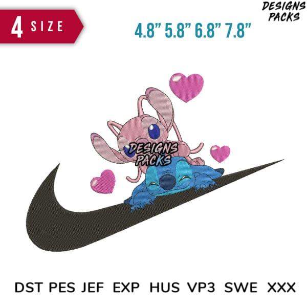 Stitch & Angel on Nike Swoosh embroidery design, 4 sizes, PES DST formats for instant download