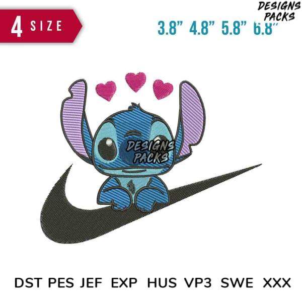 Stitch with hearts embroidery design, Nike swoosh, available in DST PES formats for instant download