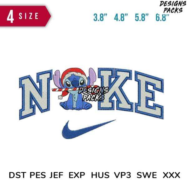 Stitchable embroidery design featuring Stitch in Santa hat with Nike-style lettering, available in 4 sizes and multiple formats.