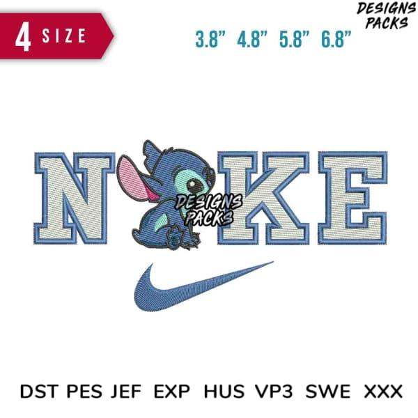 Stitchable embroidery design featuring Stitch with 'NOKE' text and Nike swoosh, available in 4 sizes, DST PES JEF formats
