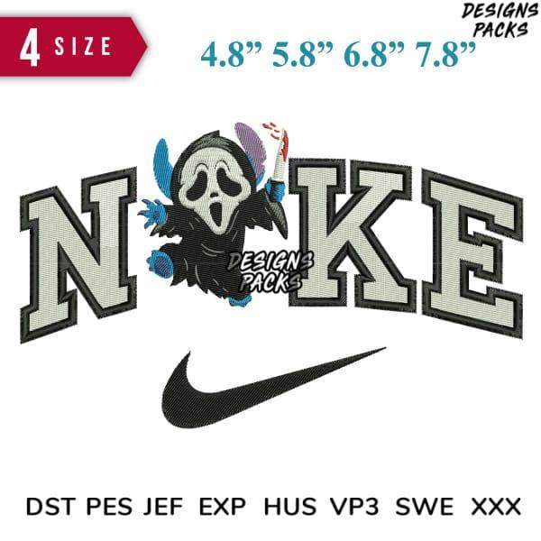 Embroidery design featuring Scream ghost with NOKE text and Nike swoosh, available in 4 sizes and multiple formats