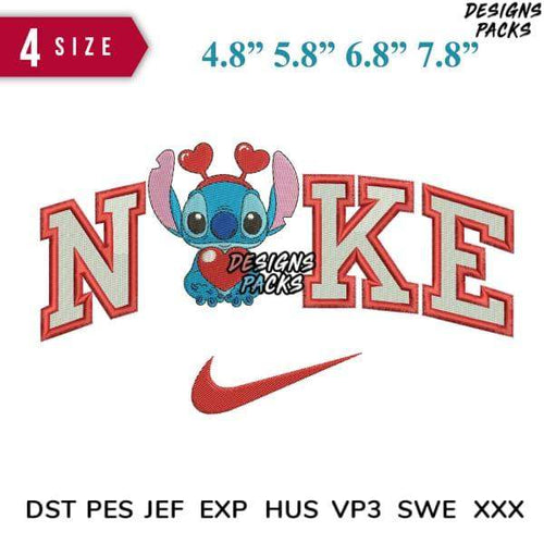 Stitch holding heart with Nike-style lettering, embroidery design in multiple sizes and formats