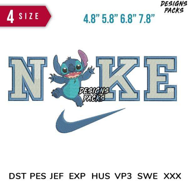 Stitch character in Nike logo embroidery design, available in 4 sizes and multiple file formats