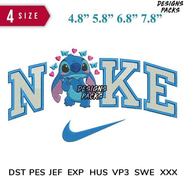 Stitch-themed embroidery design with Nike-style text and swoosh, available in multiple sizes and formats.