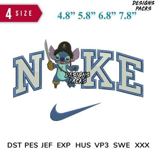 Stitchable embroidery design featuring Stitch as pirate with 'NIKE' lettering, 4 sizes, DST PES formats