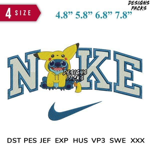 Pikachu in hoodie with Nike-style lettering, embroidery design in 4 sizes, PES DST formats