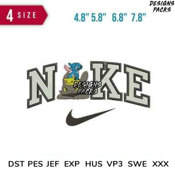 Stitchable embroidery design featuring Stitch character with 'NIKE' text and swoosh, available in 4 sizes and multiple formats
