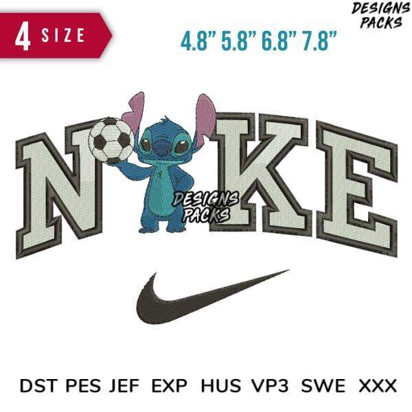 Stitch holding soccer ball with Nike lettering, embroidery design in 4 sizes, DST PES JEF formats