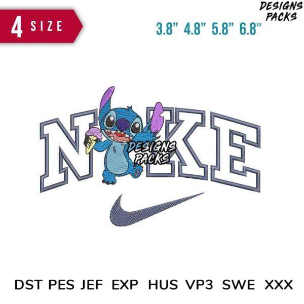 Stitchable embroidery design of Stitch holding ice cream with Nike-style lettering, available in 4 sizes and multiple formats