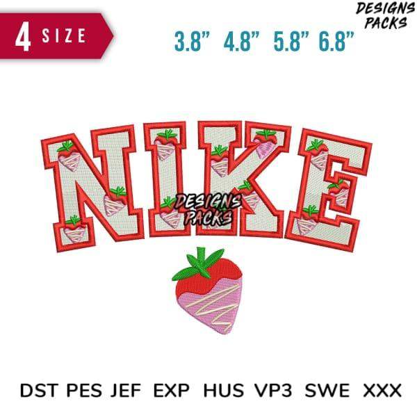 Strawberry-themed Nike embroidery design in 4 sizes, compatible with DST PES JEF formats for instant download.
