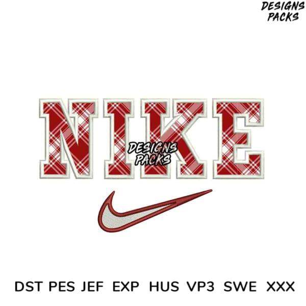 Red plaid Nike logo embroidery design in PES, DST, EXP formats for instant download