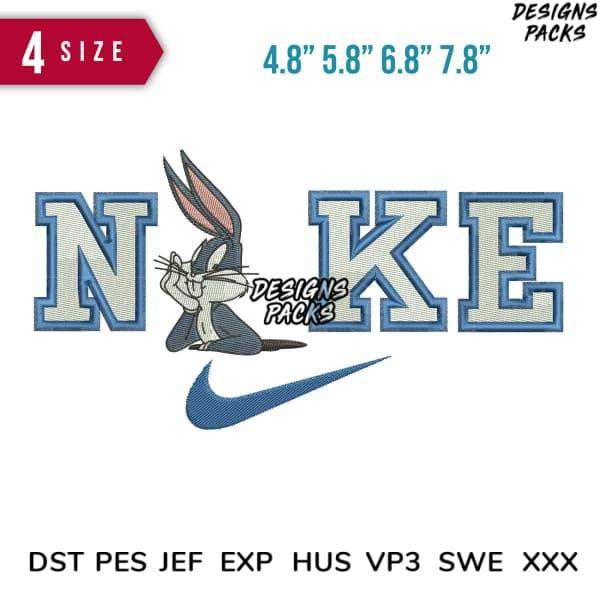 Bugs Bunny embroidery design with 'NIKE' text and swoosh, available in 4 sizes, DST PES JEF formats
