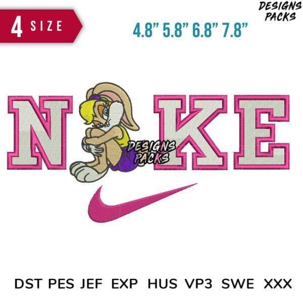 Embroidery design featuring cartoon bunny with Nike-style logo, available in multiple sizes and formats