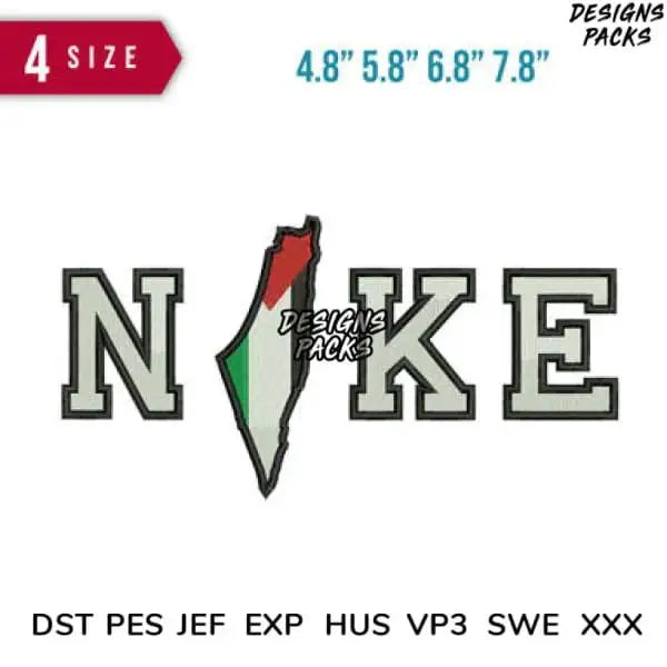 Embroidery design featuring 'NIKE' with Palestine flag map, available in 4 sizes and multiple formats.
