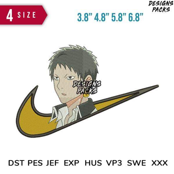 Anime character embroidery design in Nike swoosh, 4 sizes, PES DST formats for machine embroidery