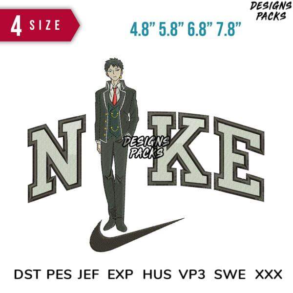Anime character in suit with Nike swoosh embroidery design, 4 sizes, DST PES JEF formats