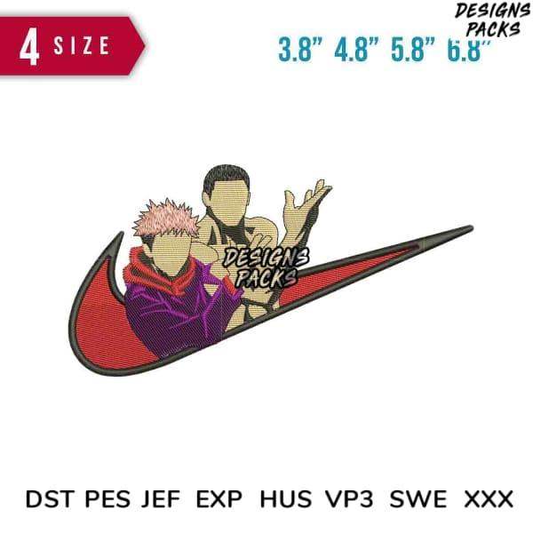 Embroidery design featuring anime characters in Nike swoosh, available in PES, DST, EXP formats, 4 sizes